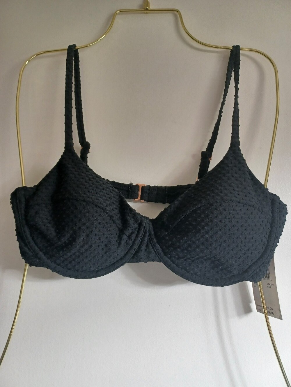 Raisins Black Textured Underwire Bra Style Bikini Top with Gold Accent M NWT